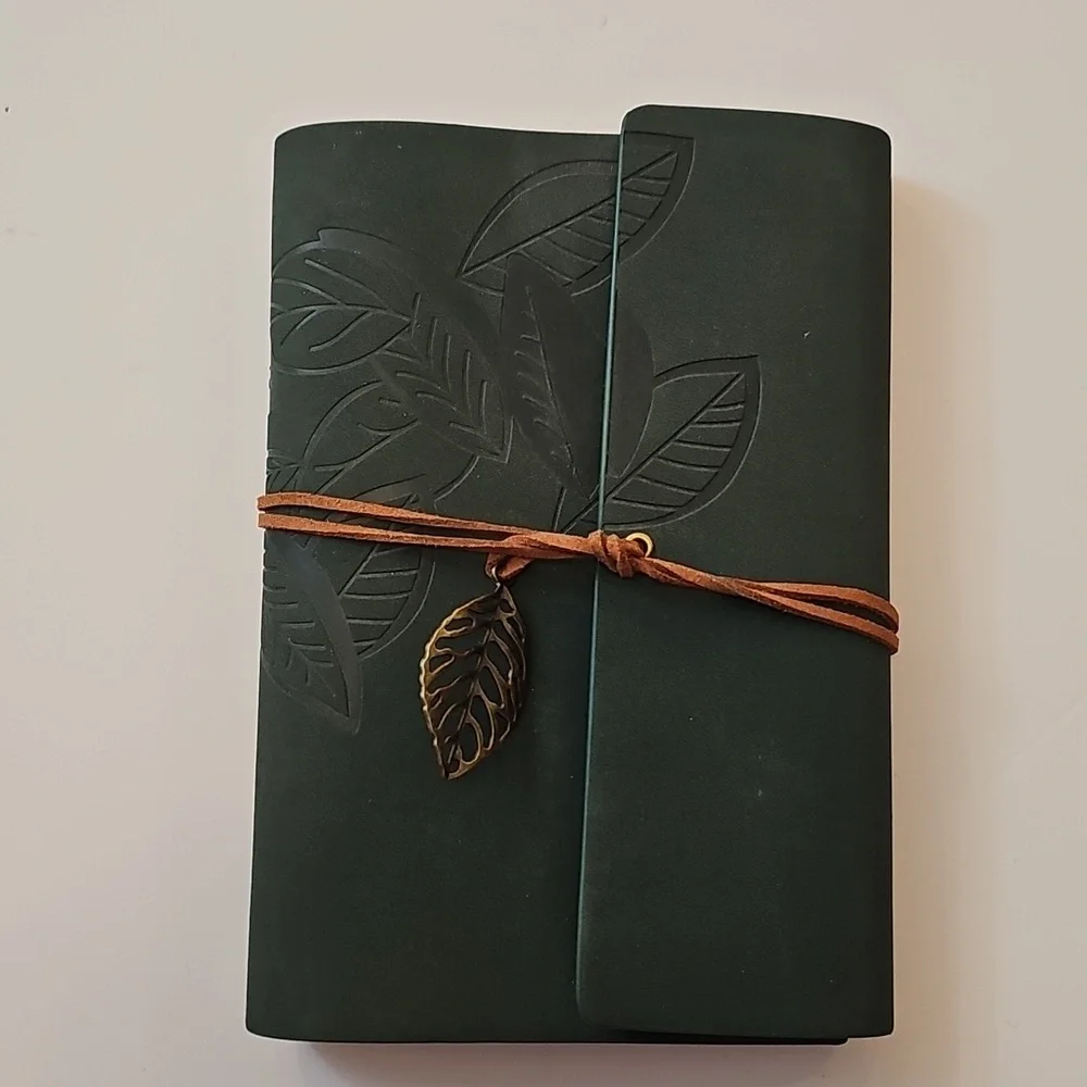 Green Leaf Embossed Faux Suede Leather Journal with Leaf Charm Emerald Green